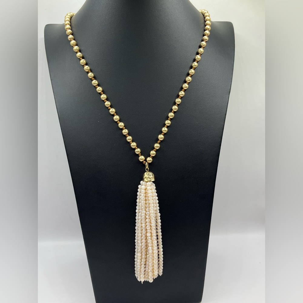 Tassel Necklace Elegant Gold Beads and Cream Beaded Necklace AB Beads